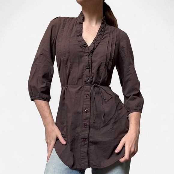 Anthropologie odille brown cotton blouse with tie waist - Picture 2 of 7